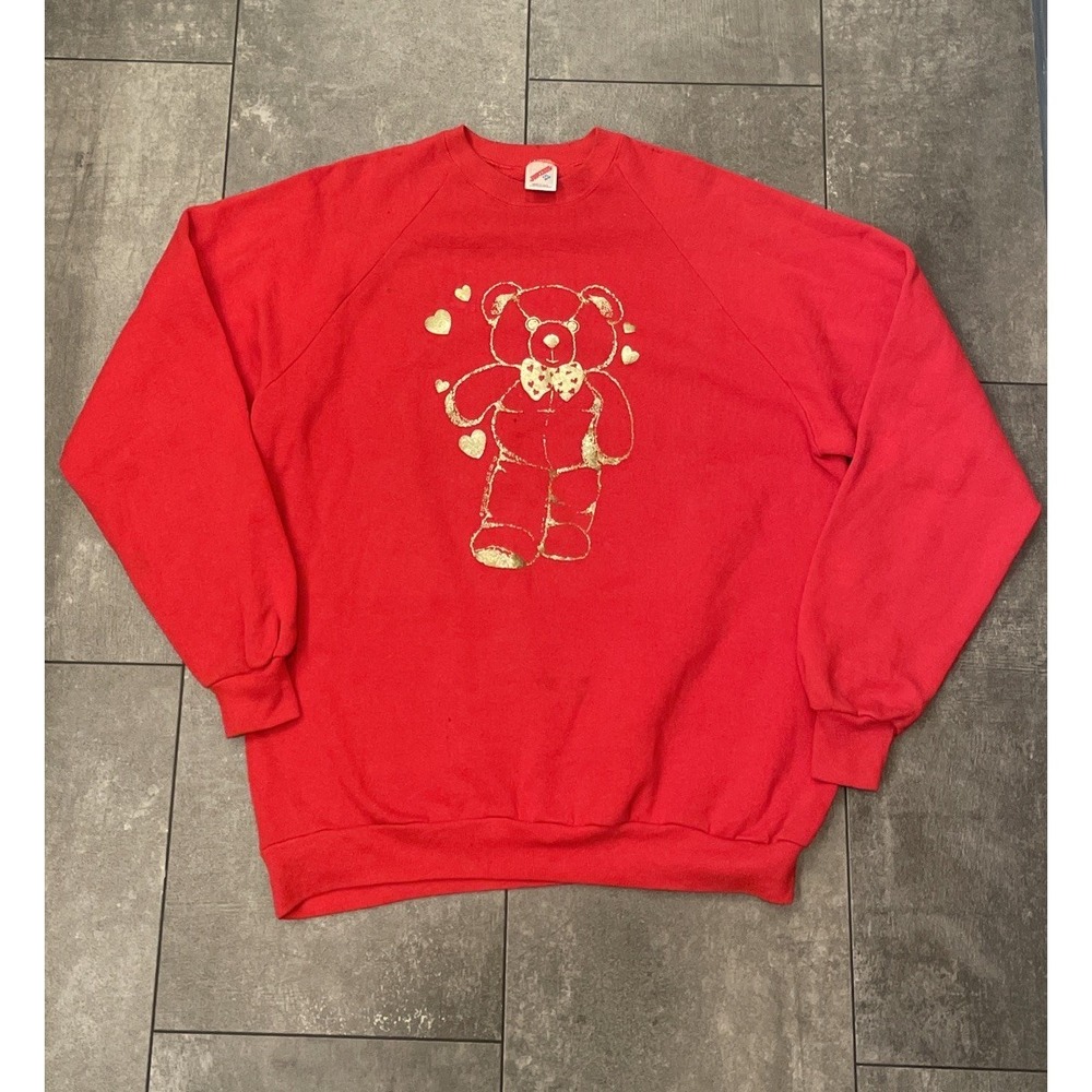 Vintage Jerzees Womens Bear Heart Valentines Day Pullover Sweatshirt Size XXL